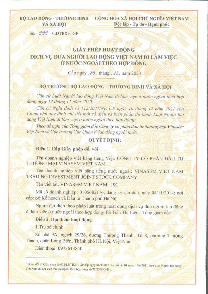 giấy phép xklđ vinasem